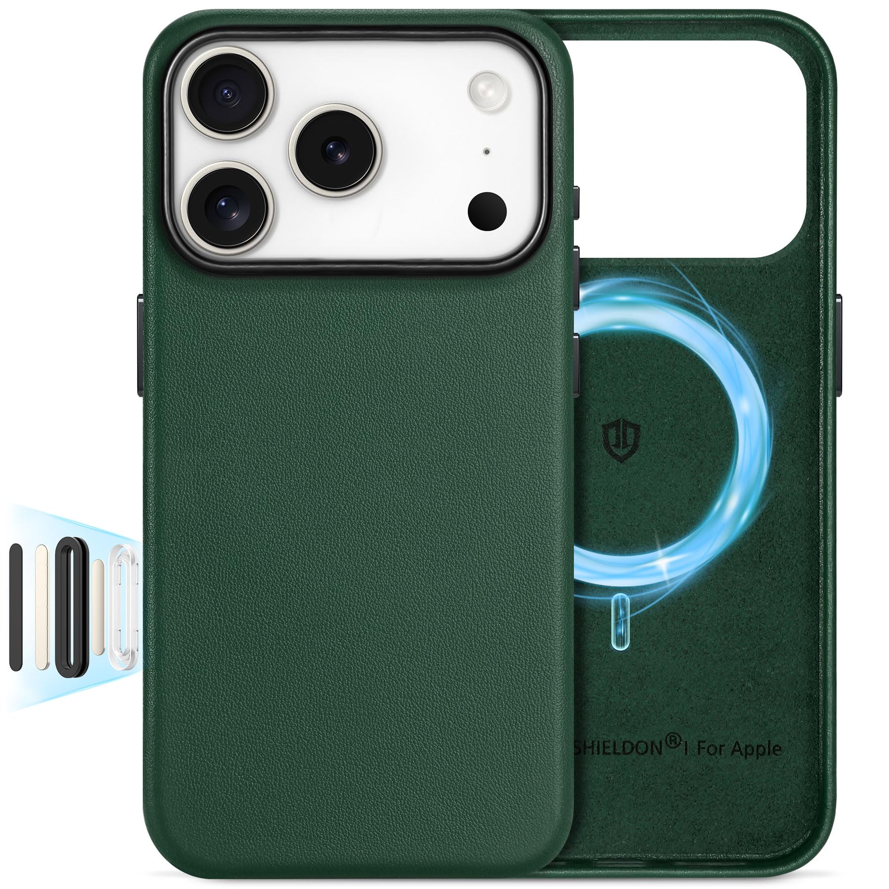 Photo 1 of SHIELDON Genuine Leather Case for iPhone 17 Pro 6.3" 2025 | Compatible with Magsafe, Camera Button Updated, Magnetic Wireless Charging, Slim Fit, Shockproof, Metal Button, Protective Cover - Evergreen