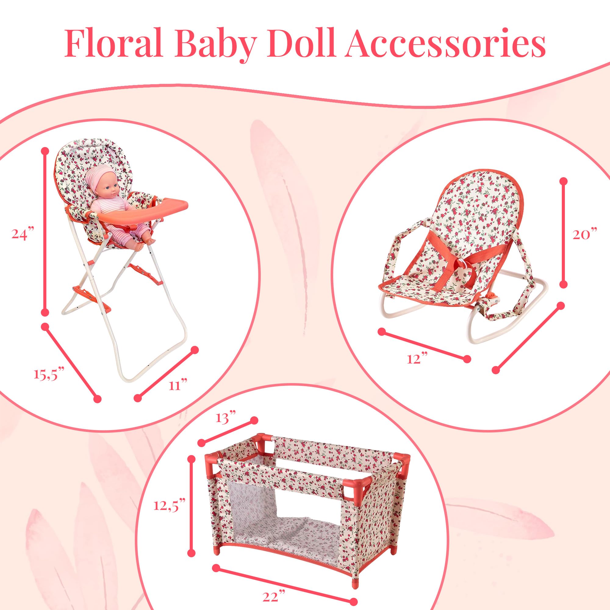 Floral Baby Doll Accessories Set, 3-1 Baby Doll Crib, Baby Doll High Chair & Bouncer Seat. 18 inch Doll Accessories with Doll Bed. 18