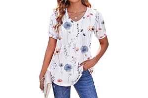 Zeagoo Women's Puff Short Sleeve Boho Shirts Casual V Neck Floral Solid Summer Blouse Pleated Tunic Top