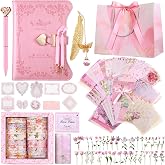 Janlaugh DIY Journal Diary with Lock Pack Scrapbook Kit, Pink, Classic | Stationery Diary Supplies, Scrapbook Supplies Art Crafts Kit for Birthday Holidays Ideal Gifts, Feather Bookmark Stickers