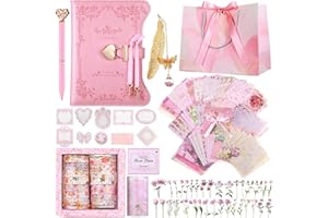 Janlaugh DIY Journal Diary with Lock Set Scrapbook Kit Stationary Diary Supplies Art Crafts Kit for Birthday Holidays Ideal Gifts for Women Teen Girls(Pink,Classic)