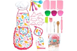 KAEGREEL Kids Baking Set 26Pcs with Dinosaur Apron & Hat Cooking Chef Dress Up Role Play Toys, Kitchen Toys Pretend Play Gifts for Girls Boys Aged 3 4 5 6 8 Years Old