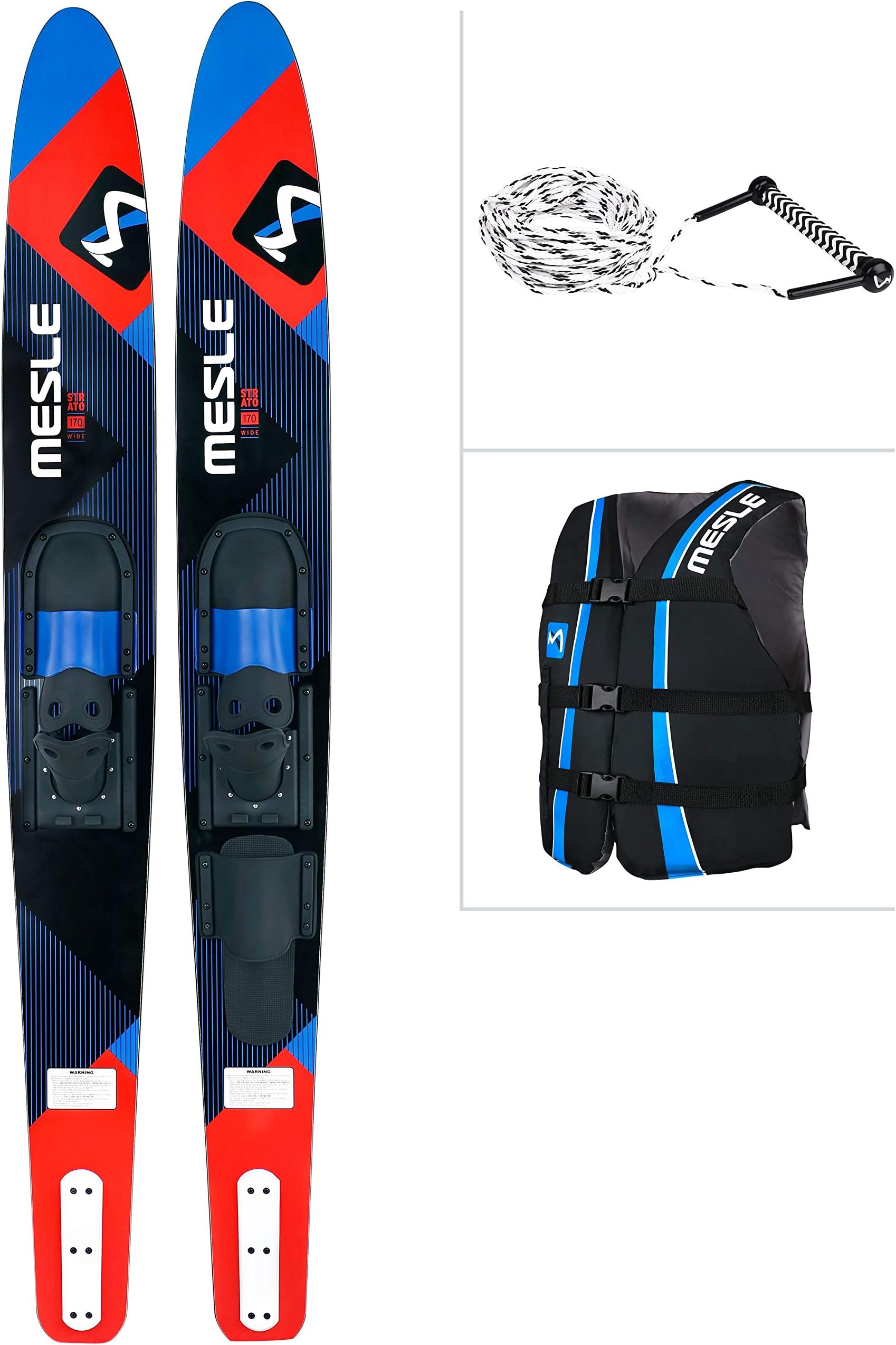 MESLE Combo Waterskis Package Strato 170 cm with Vest Sportsman + Rope Com, Water-Skis up to 120 kg Body Weight, for Beginners to Intermediate, Color blue, lime, red
