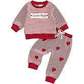COORALLY Valentine's Day Baby Boy Outfit Lover Boy Embroidery Long Sleeve Knit Sweatshirt Striped Heart Pants Toddler Set