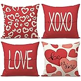 FUYUCHEN Valentines Day Pillow Covers 18x18 inch Set of 4 for Valentines Day Decor Heart Love Here XOXO Sweet Valentine Throw Pillows Covers Decorative Cushion Cases Sofa Couch Valentine Decorations