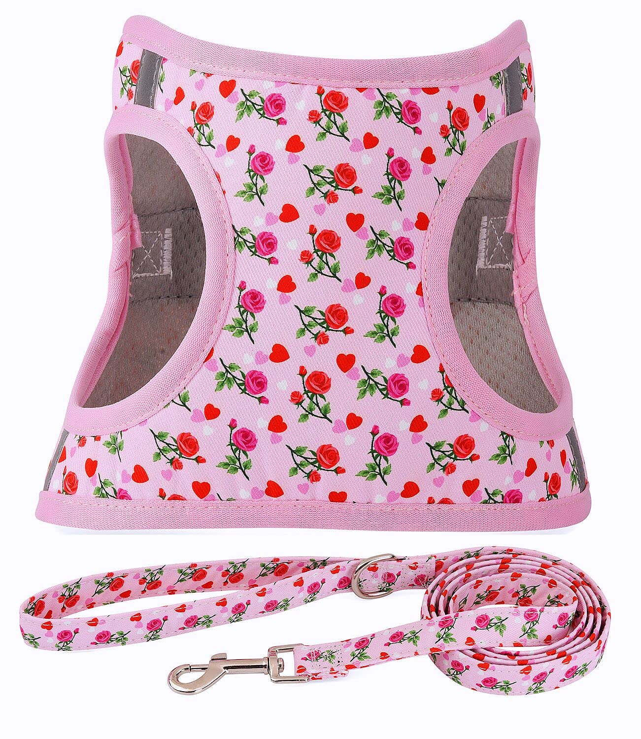 Moonpet Step in Air Dog Harness Leash Set- All Weather Reflective No-Pull Floral Pattern Padded Mesh Vest Harness for Cats Puppy Extra-Small Small Medium Large Dogs Heart Rose XS