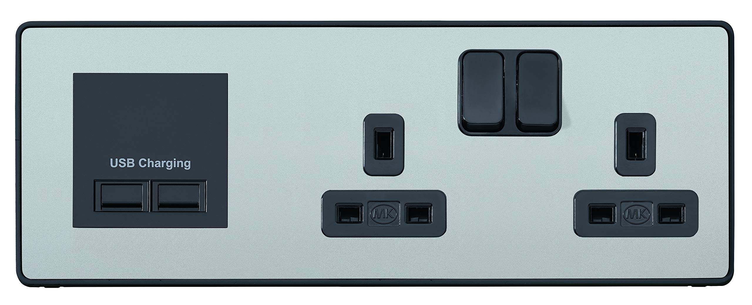 MK Dimensions 2 Gang Combi Switch Socket Stain Steel Finish with a Black Trim Multimedia Plate with Left Side Euro Frame