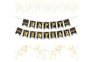 LITMITFU Happy New Years Eve Decorations 2026 - Black Gold Happy New Year Banner, New Years Sign Bunting Banner Garland for 2026 New Year Party Supplies, Home Office Fireplace Wall Decorations Favors Props
