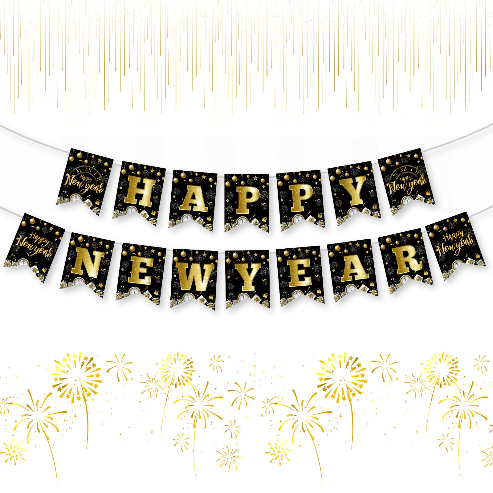 Happy New Years Eve Decorations 2026 - Black Gold Happy New Year Banner ...