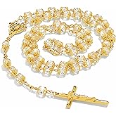 LIFETIME JEWELRY Gold Rosary Crucifix Necklace with Crystal Prayer Beads 24K Real Gold Plated