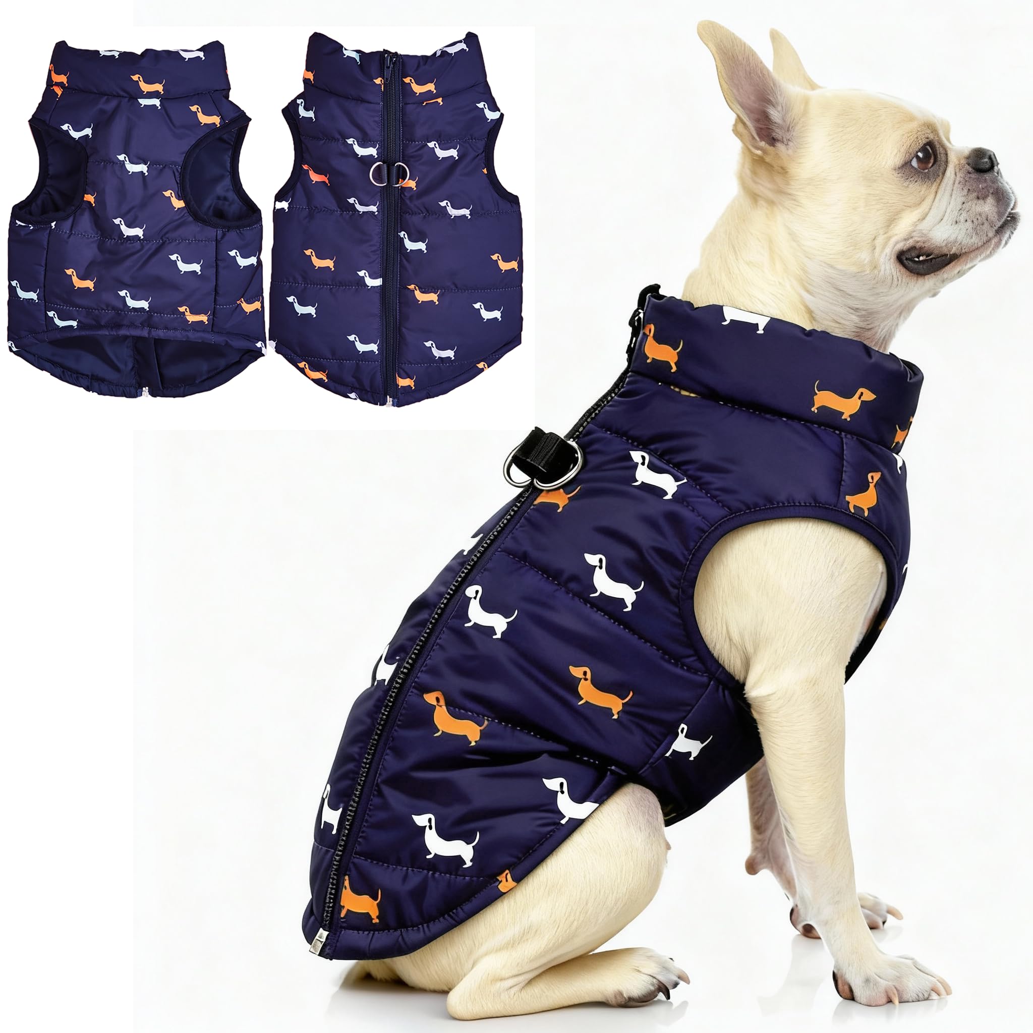 Asmea Dog Coat Warm Dogs Jacket Harness with D-ring Slightly Water-resistant Waterproof Puppy Coats for Cold Weather Christmas Dog Clothes Winter Small Dogs Coats Dachshund Coat Blue L