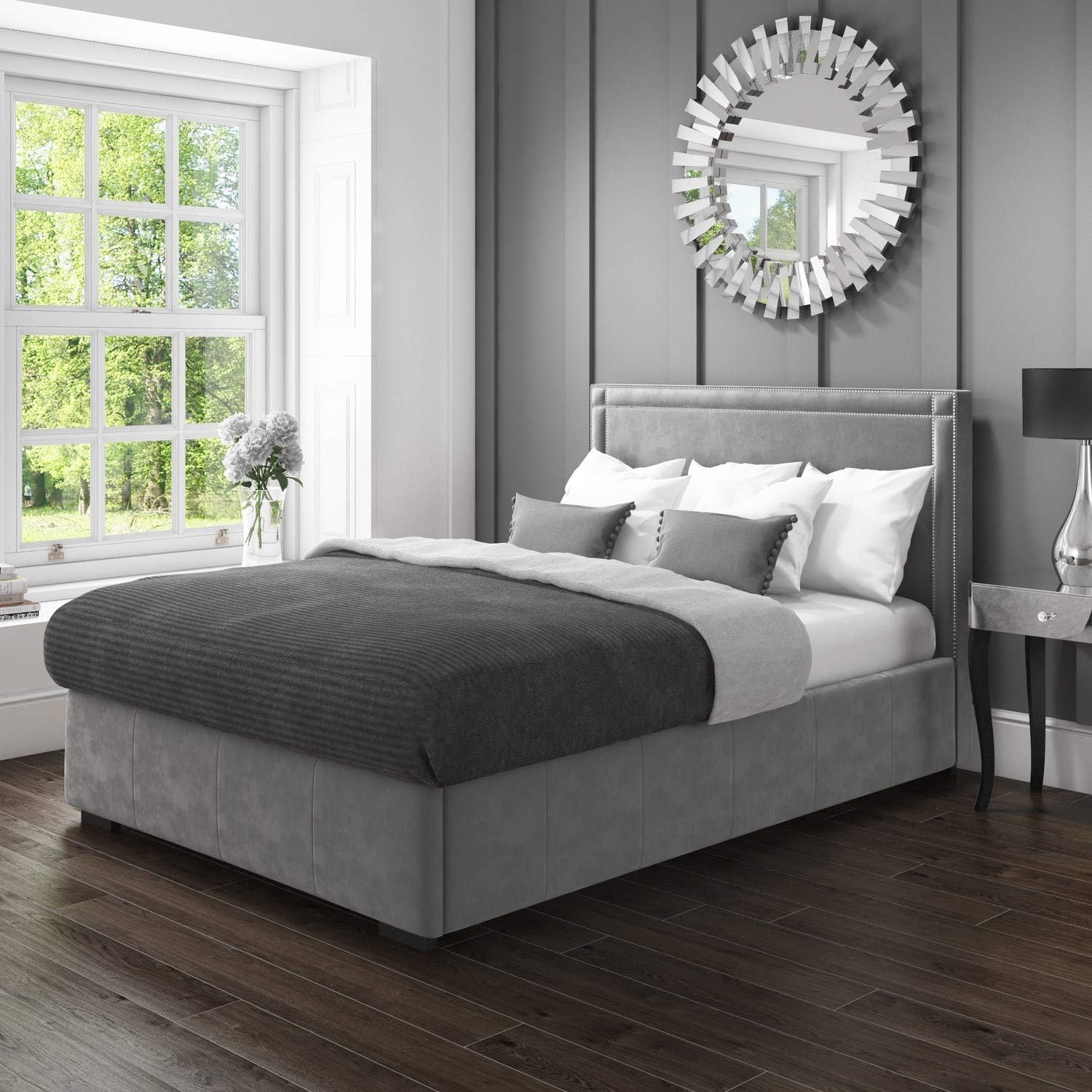 Safina Double Ottoman Bed with Double Stud Detailing in Grey Velvet