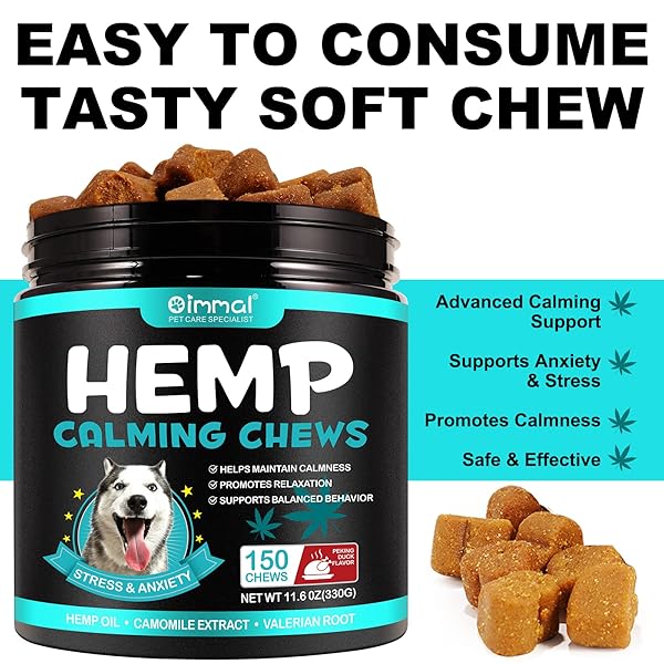 HEMP CALMING CHEWS FOR DOGS, 150 CHEWS PREMIUM DOG CALMING TREATS WITH HEMP OIL – ANXIETY, SEPARATION, BARKING, STRESS RELIEF, MELATONIN FOR DOGS, SLEEP CALMING AID FOR ALL AGES, BREEDS & SIZE
