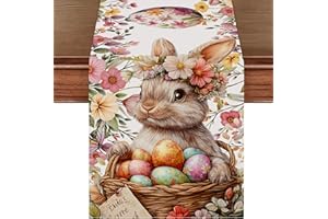 Pwsap Easter Table Runner,Linen Colorful Bunny Egg Table Runner Seasonal Spring Anniversary Holiday Kitchen Home Dining Table