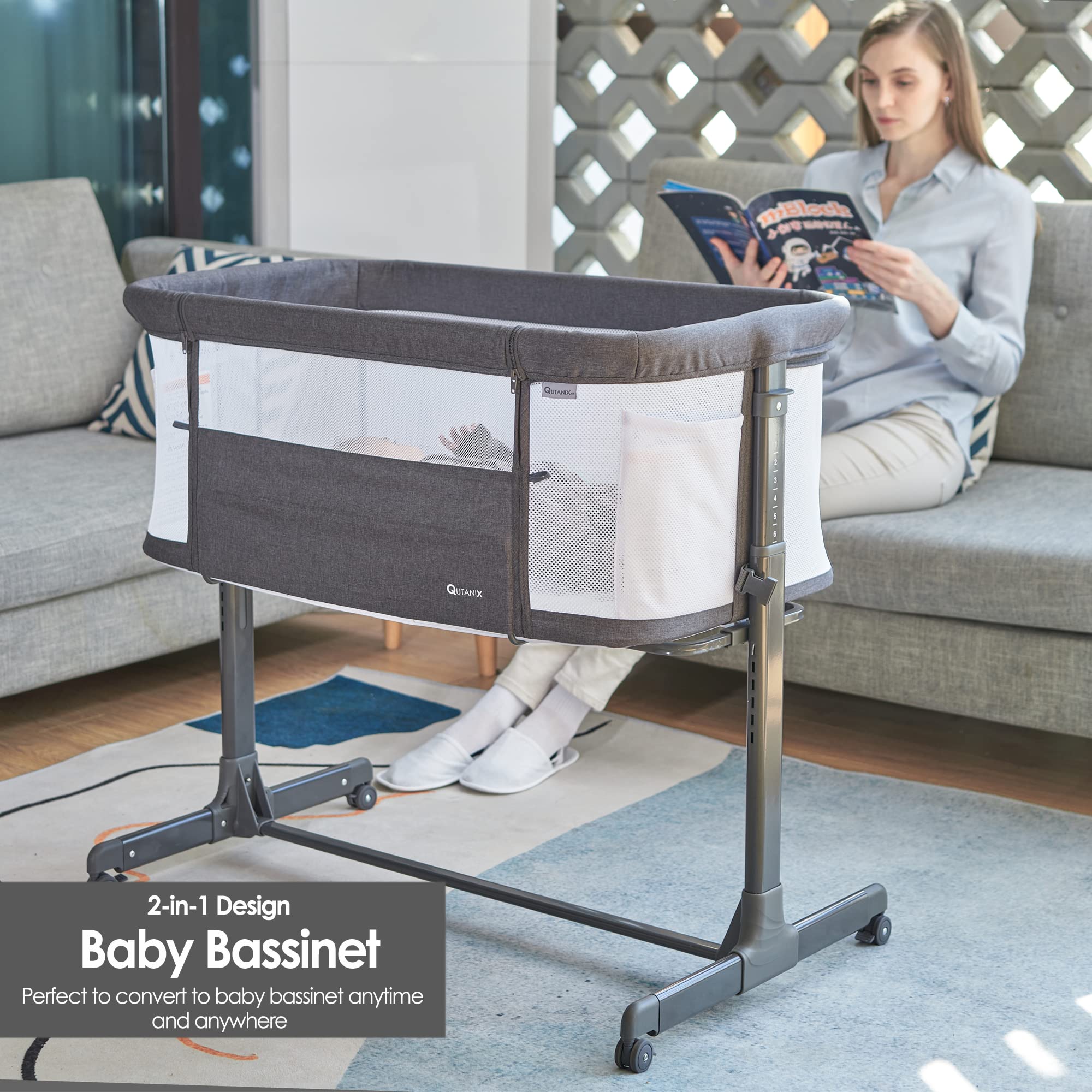 Baby Bassinet Bedside Sleeper with Wheels,Easy Folding Lightweight Crib for Baby/Infants,Breathable Mesh and Adjustable Height - Grey