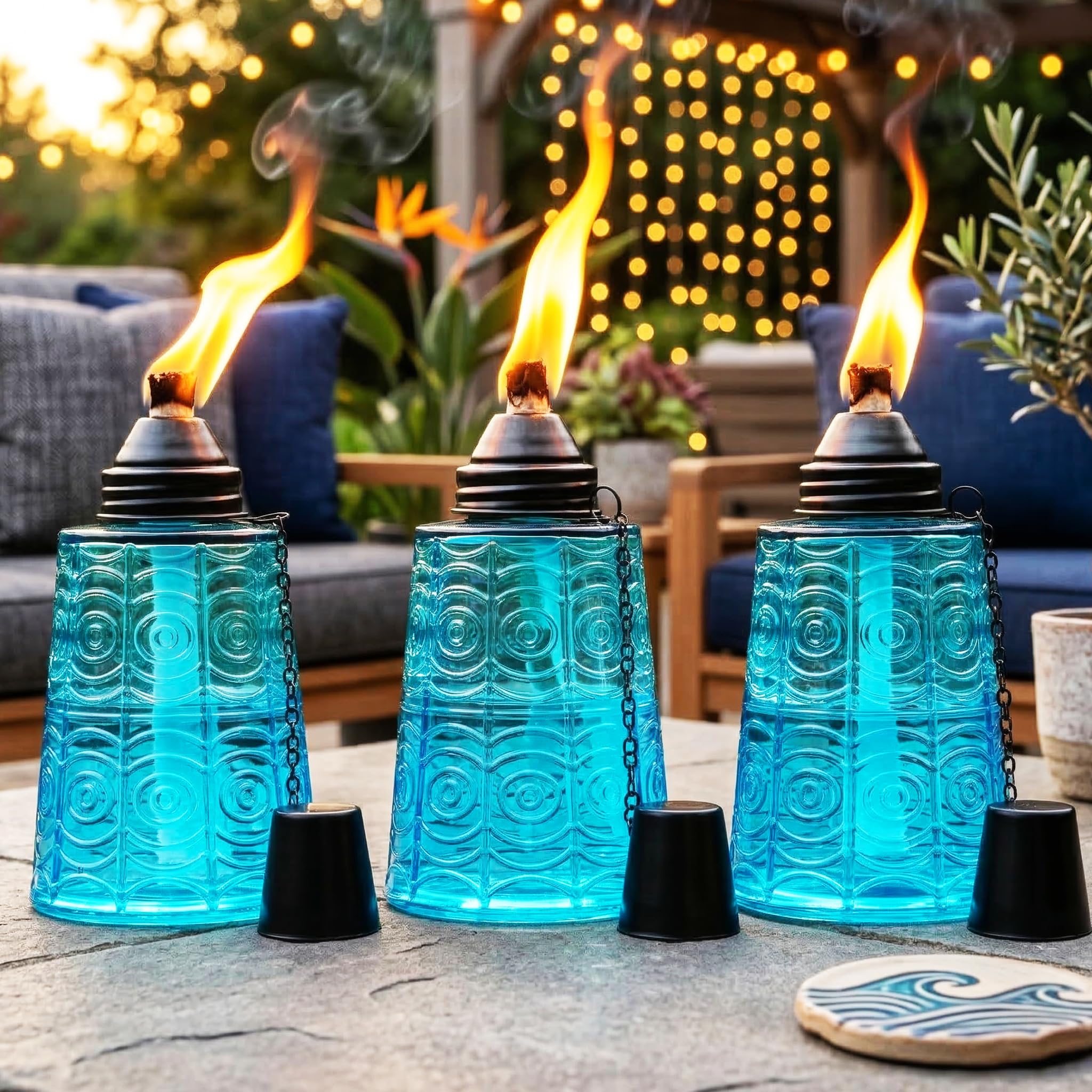 Seraphic Table Top Citronella Burner Torches for Outdoor Patio, 16oz Decorative Glass Tiki Torch Citronella Lamp Candles for Outside Deck, Garden, Parties, Set of 3, Blue