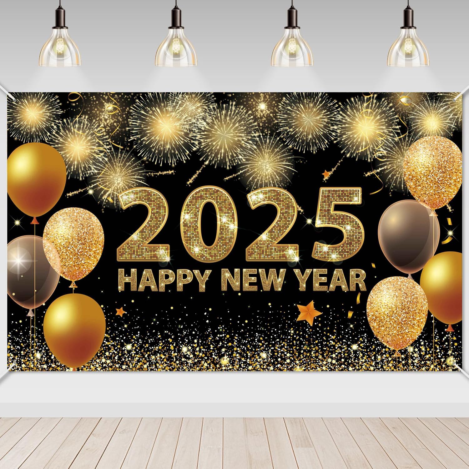 XNBTFK Happy New Year Banner 2025, Black and Gold, 73" x 43"