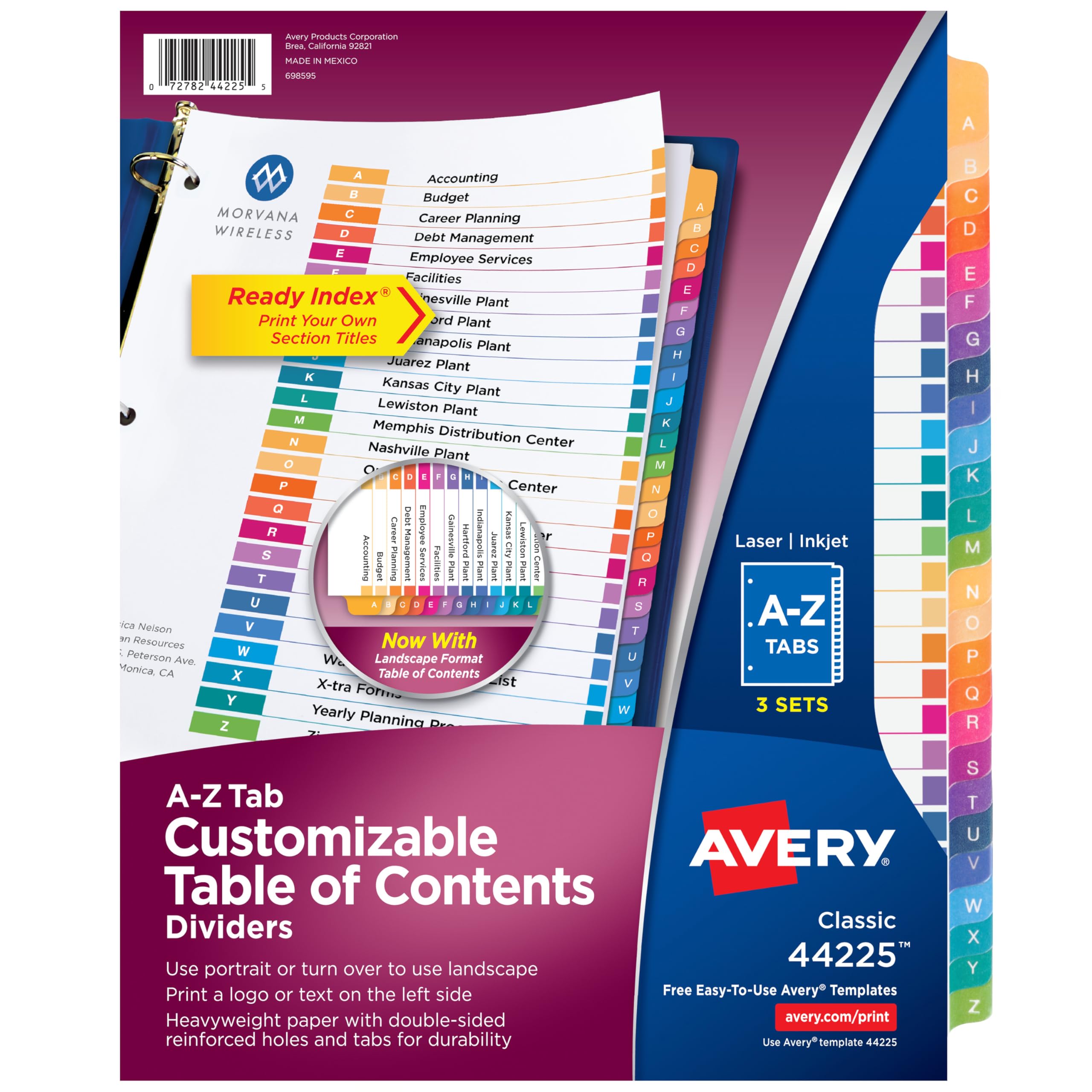 Avery A-Z Tab Dividers for 3 Ring Binders, Page Dividers, Binder Organizer, Customizable Table of Contents, Multicolor, 3 Sets (44225)