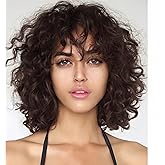 Siudus Brown Curly Bob Wig for Women with Bangs Shoulder Length Naturel Synthetic Hair Wigs for Daliy Party Halloween Use