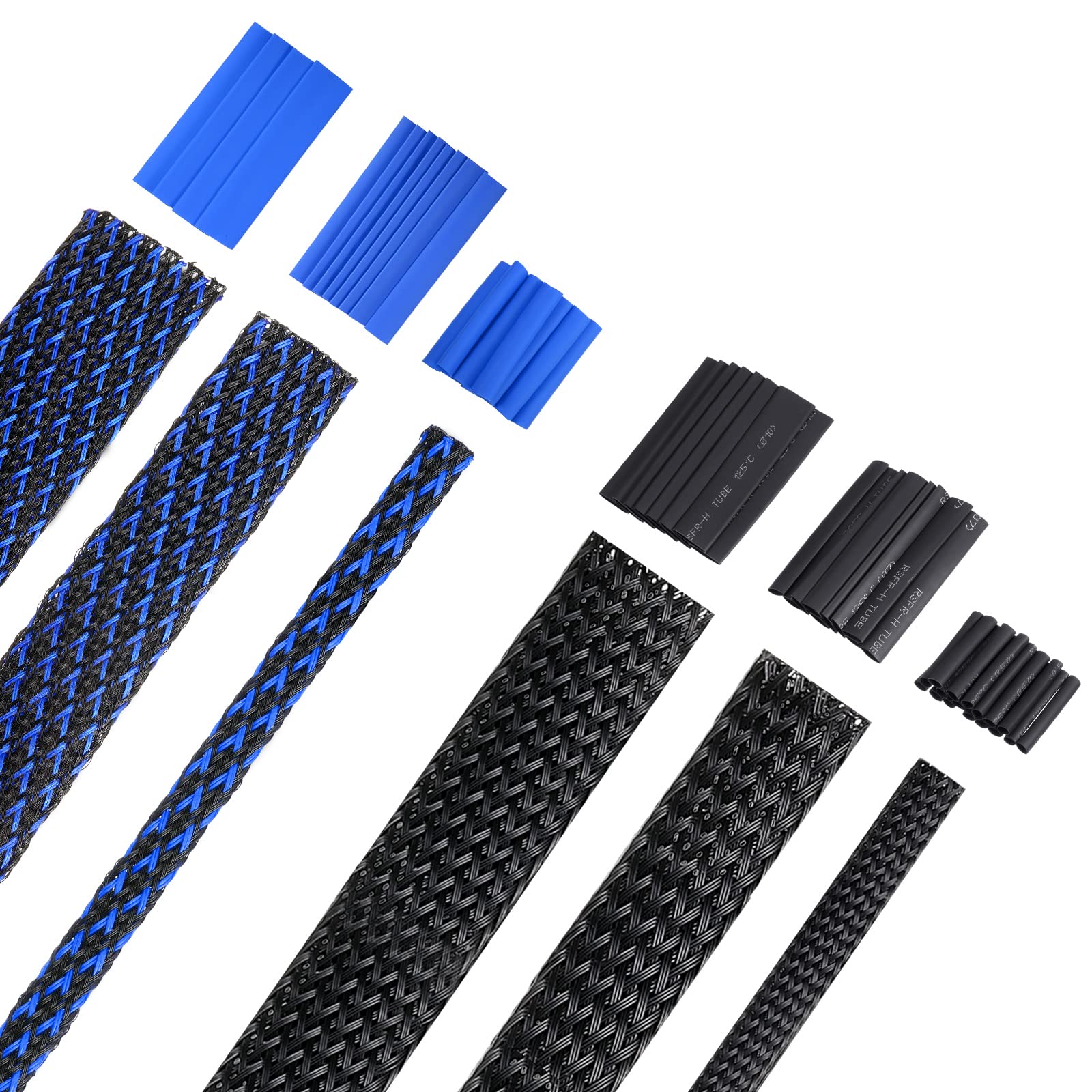 96ft Wire Loom Braided Cable Sleeve Covers Cord Management with 127 Pieces Tube Heat Shrinkable for Audio Video Cable Cord Protectors from Pets (Black and Blue,1/2 Inch, 1/4 Inch, 3/8 Inch)