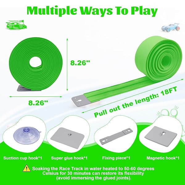 FLEXIBLE RACE CAR TRACK FOR KIDS TOY, 19FT PORTABLE TWO‑LANE RACING STARTER SET, WALL MOUNT SUCTION CUPS MAGNETS HOOKS, COMPATIBLE FOR VEHICLES UP TO 1/64TH SCALE-GREEN