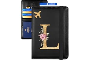 Slohif Initial Passport Holder Cover Wallet Case for Travel Women - Leather Letter Passport Book Family Multiple Personalized Organizer Card Slots Protector Sleeve Essentials Slim Carrier Black L