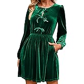 Simplee Womens Fall Velvet Dress Long Sleeve Bow Tie Front Babydoll A Line Cocktail Party Christmas Holiday Dresses