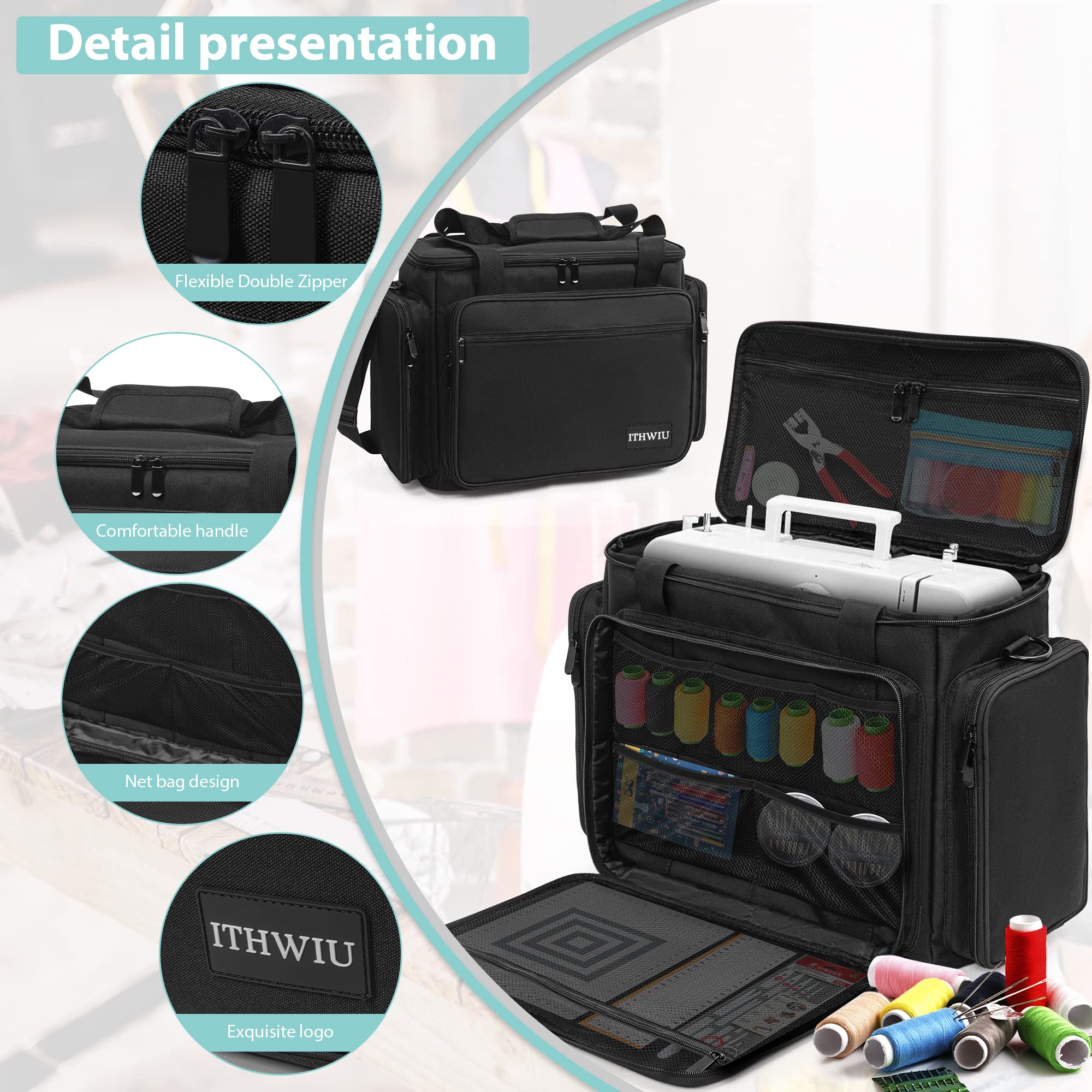 ITHWIU Sewing Machine Carrying Case with Multiple Storage Pockets for Accessories, Universal Tote Storage Bag Compatible with Most Standard Singer, Brother, Janome