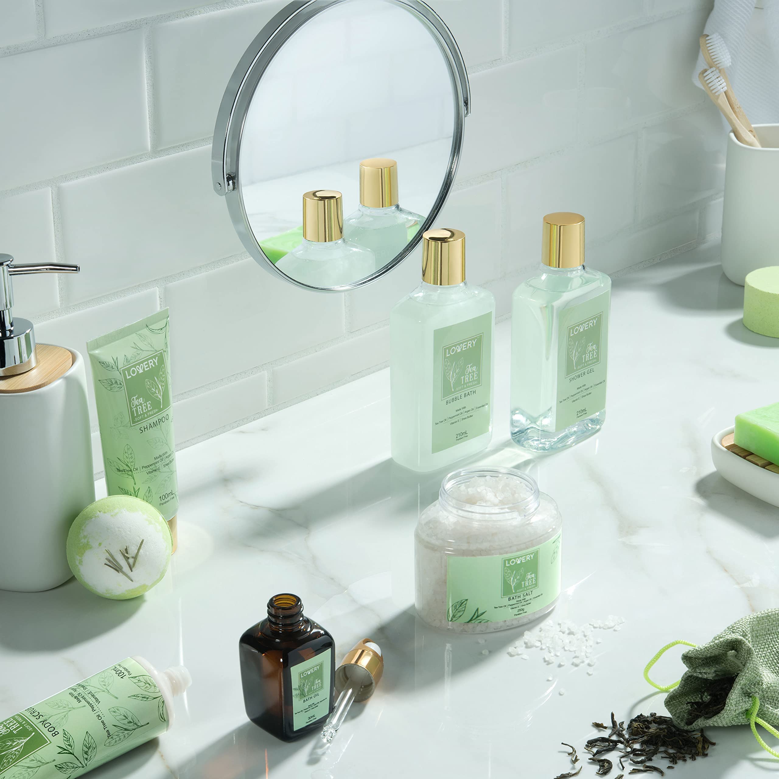 Tea Tree Bath Set - Luxury Home Spa Set with Calming Mint Fragrance – 15 pc Relaxation Gift Basket with Tea Tree Bath Oil,Shower Gel, Bubble Bath, Handmade Soap, Steamer Tablet, Potpourri & More