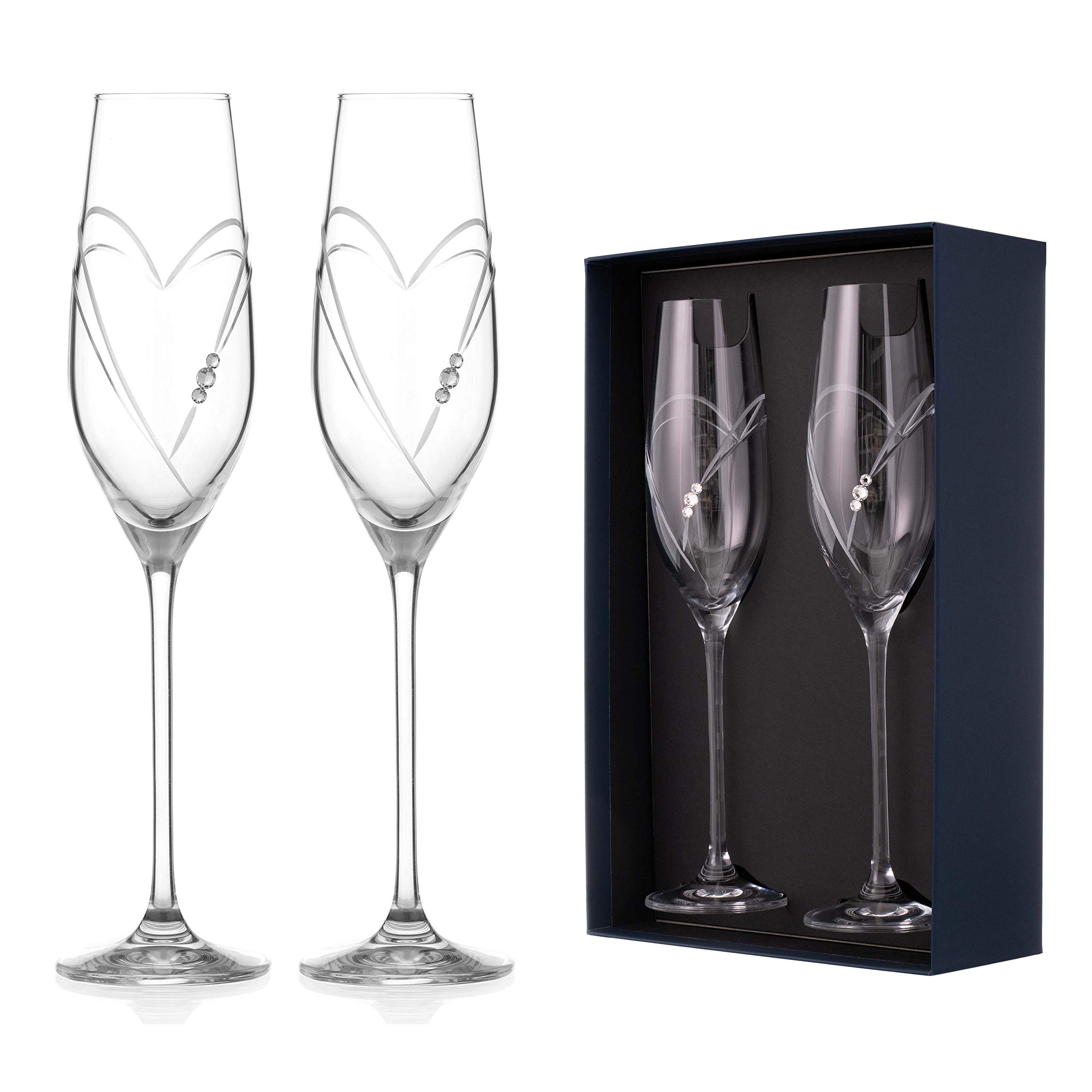 DIAMANTE Set of 2 Swarovski Champagne Flutes Prosecco Glasses Pair 'Hearts' Design with Swarovski Crystals