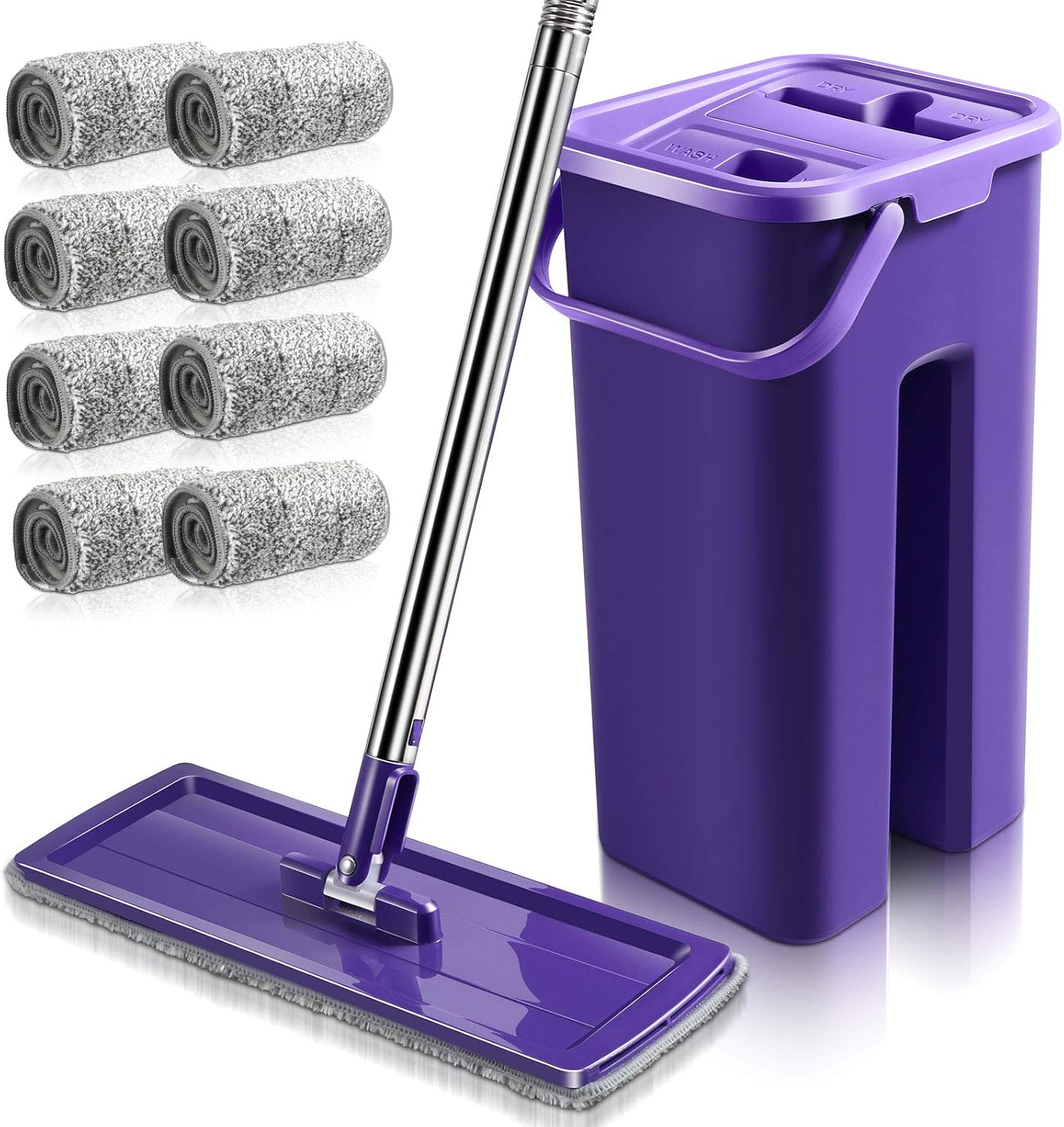 Flat Mop Bucket Set, HandsFree Squeeze Floor Cleaning Mop with 8 Microfiber Mop Pads for Home