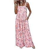 LOOKBOHO Jumpsuits for Women Summer Boho Floral Print Wide Leg Sleeveless Loose fit One Piece Overalls with Pockets Pink M