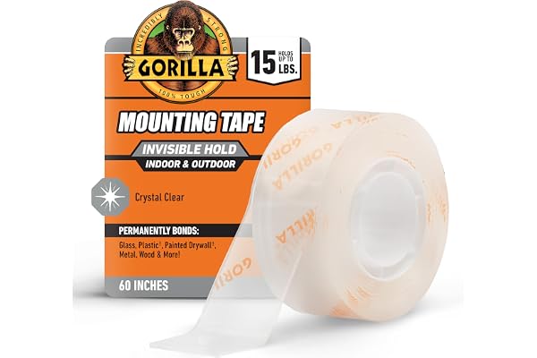 Gorilla Tough & Clear Double Sided Mounting Tape, Hanging, Instant 15lb Strong Hold, Permanent Bond, Weatherproof, 1 in x 60 