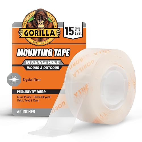 Gorilla Tough & Clear Double Sided Mounting Tape, Hanging, Instant 15lb Strong Hold, Permanent Bond, Weatherproof, 1 in x 60 in, Clear, (Pack of 1), 6065101 (Packaging May Vary)