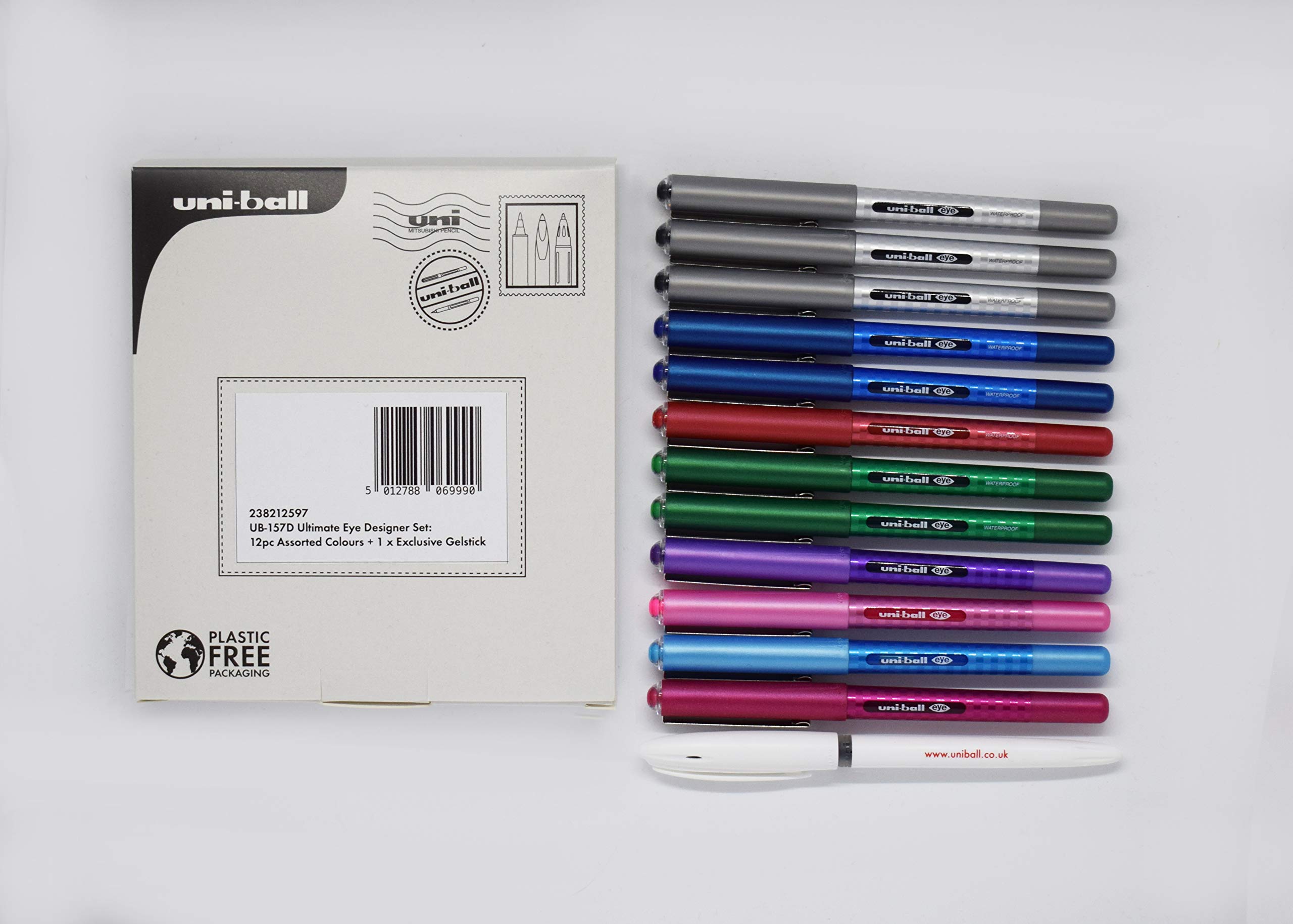 uni-ball UB-157D Eye Designer Rollerball Pens. Box of 3 x Black, 2 x Blue, 2 x Green, 1 x Red, 1 x Light Blue, 1 x Violet, 1 x Wine, 1 x Pink + 1 x Exclusive Signo Gel Pen for Super Smooth Handwriting