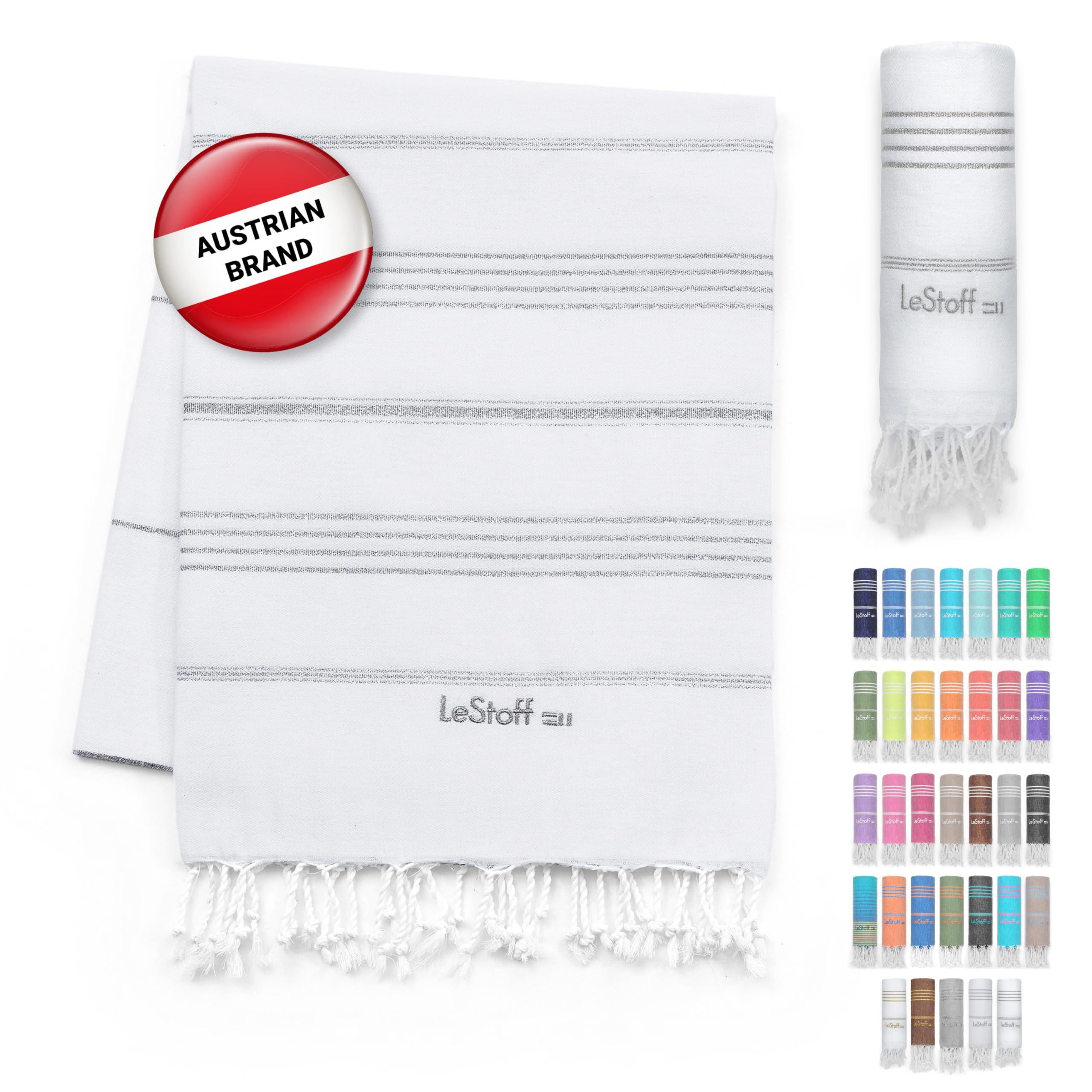 LeStoff Turkish Hammam Towel - Quick Drying & Lightweight Peshtemal for Beach, Sauna, Bath, Travel, Yoga & Camping Sand-Proof Blanket 100% Organic Cotton Eco-Friendly (95 x 180 cm, White - Silver) — image 1