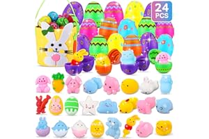 LATEEFAH 24Pcs Mochi Squishy Toys Prefilled Easter Eggs with Basket, Stress Reliever Squishies Toys for Kids Easter Eggs Hunt, Easter Basket Stuffers Fillers, Easter Party Favors Classroom Prize Supplies