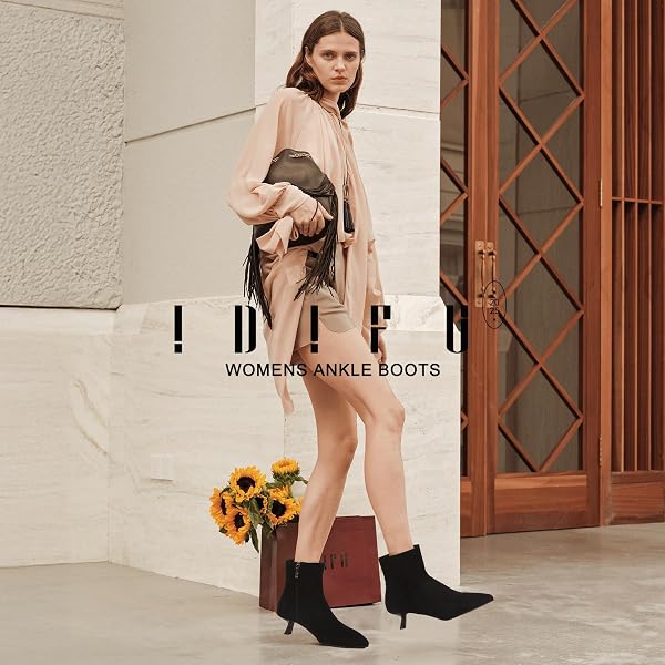 IDIFU BLACK ANKLE BOOTS FOR WOMEN LOW SHORT KITTEN HEEL BOOTIES DETACHABLE METAL STRAP ZIPPER CLOSED POINTED TOE FALL LADIES BOOTIES CUTE TRENDY STYLISH FASHION DRESSY BOOTS(BLACK SUEDE, 9.5)