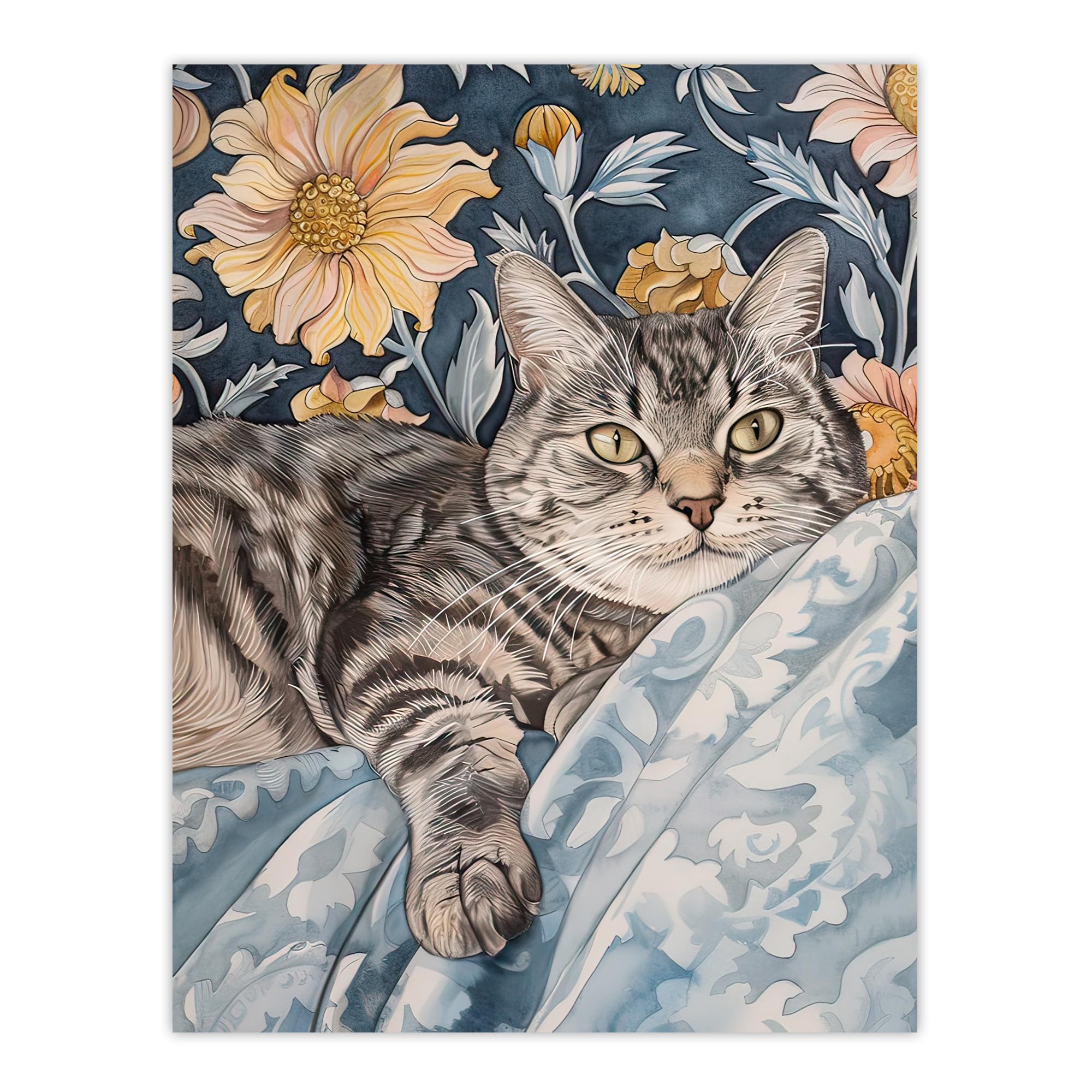 Artery8 Cat Lover Tabby Moggie Elegant Floral Portrait Living Room Extra Large XL Wall Art Poster Print