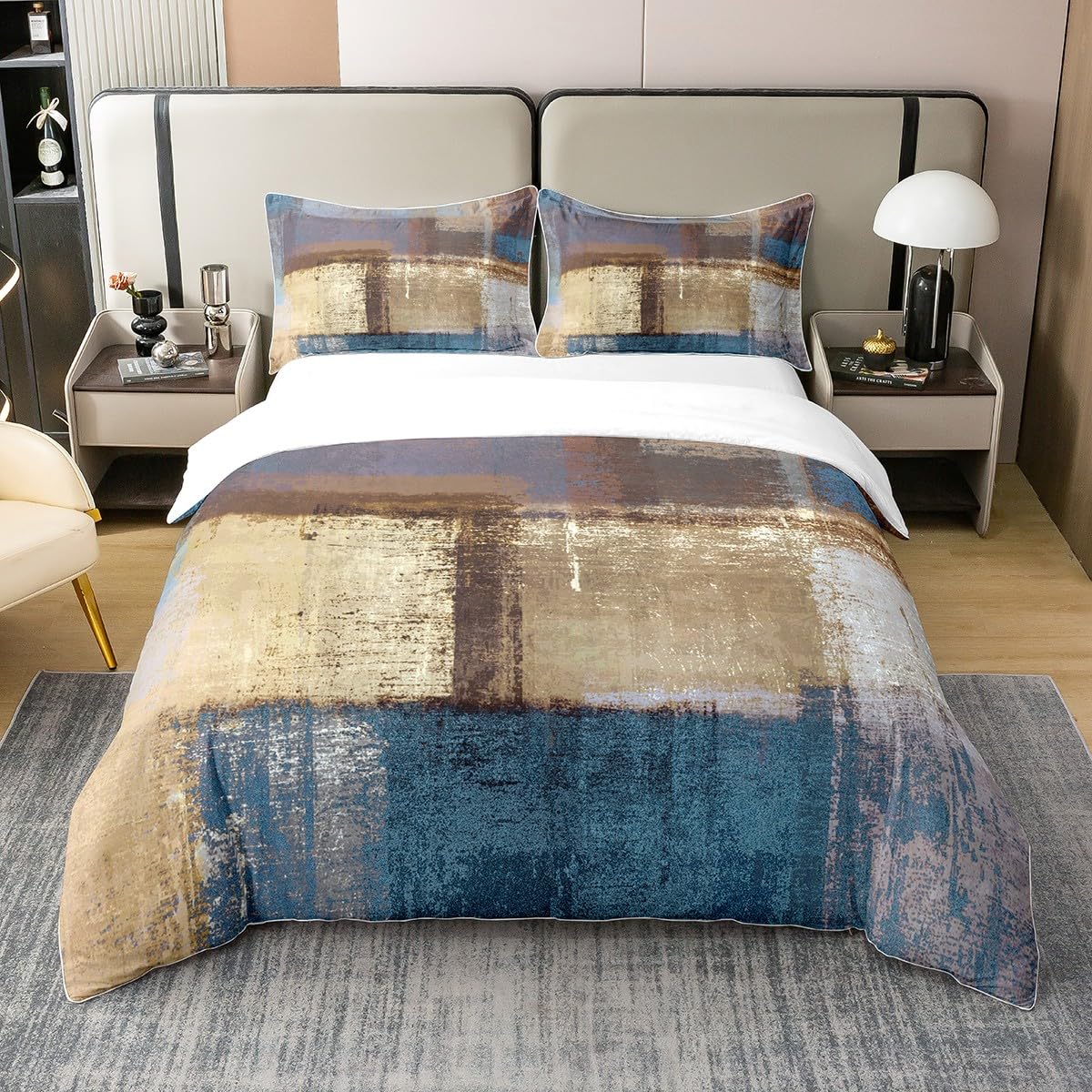 Homewish 100% Washed Cotton Brown Abstract Duvet Cover King,Navy Blue Ombre Bedding Set,Gradient Grunge Fluid Ink Comforter Cover,Watercolor Tie Dye Oil Painting Bed Sets with 2 Pillow