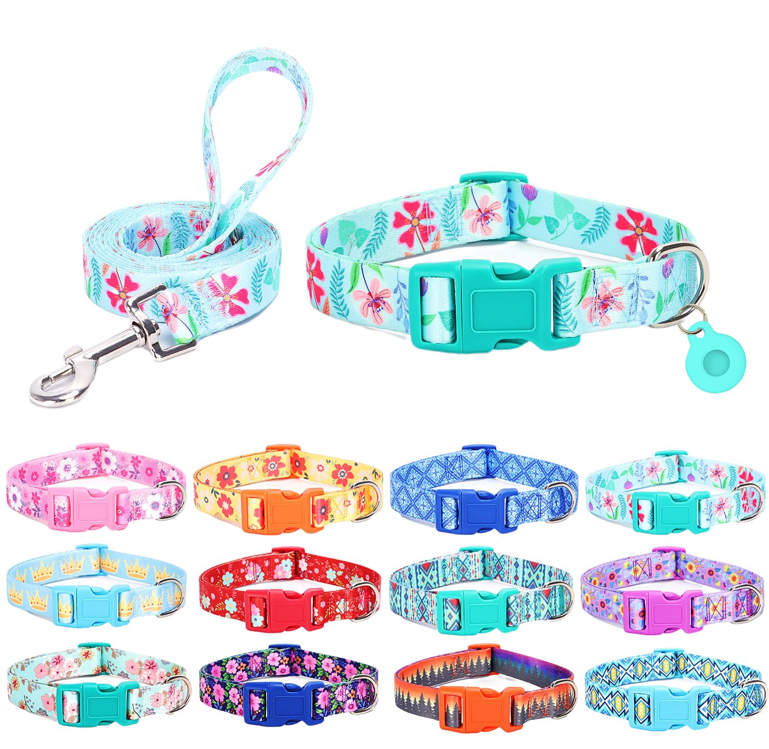 SLZZ Dog Collar with lead Airtag Holder Case Set - Dog Collars for Male Female Boy Girl Puppy X-small Small Medium Large Dogs Walking Running Training - Verdure Daisy/XS