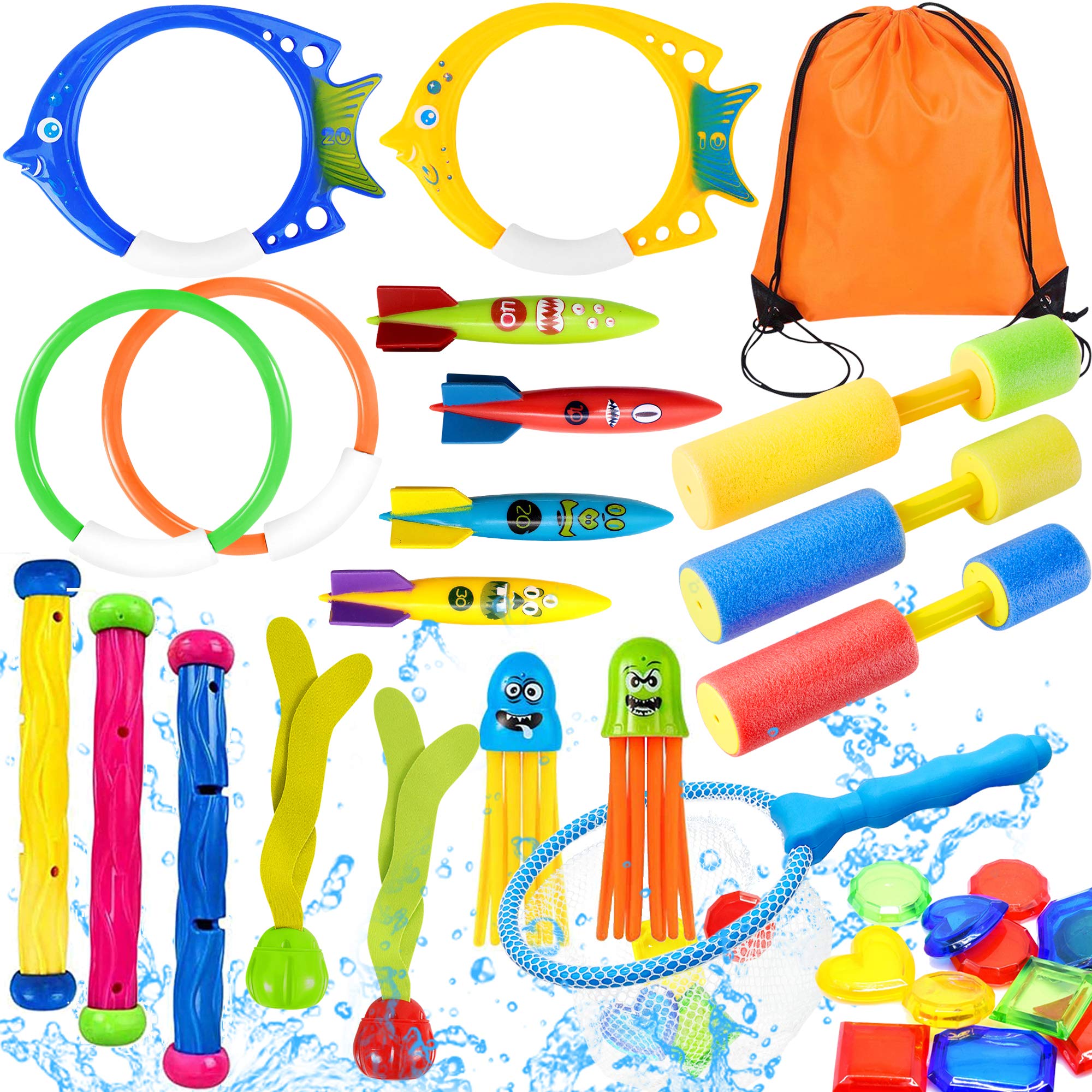 Yetech 28pc Swimming Pool Toys Set with Rings, Pistol, Sticks, Underwater Diving Game for Kids, Includes Carrying Bag
