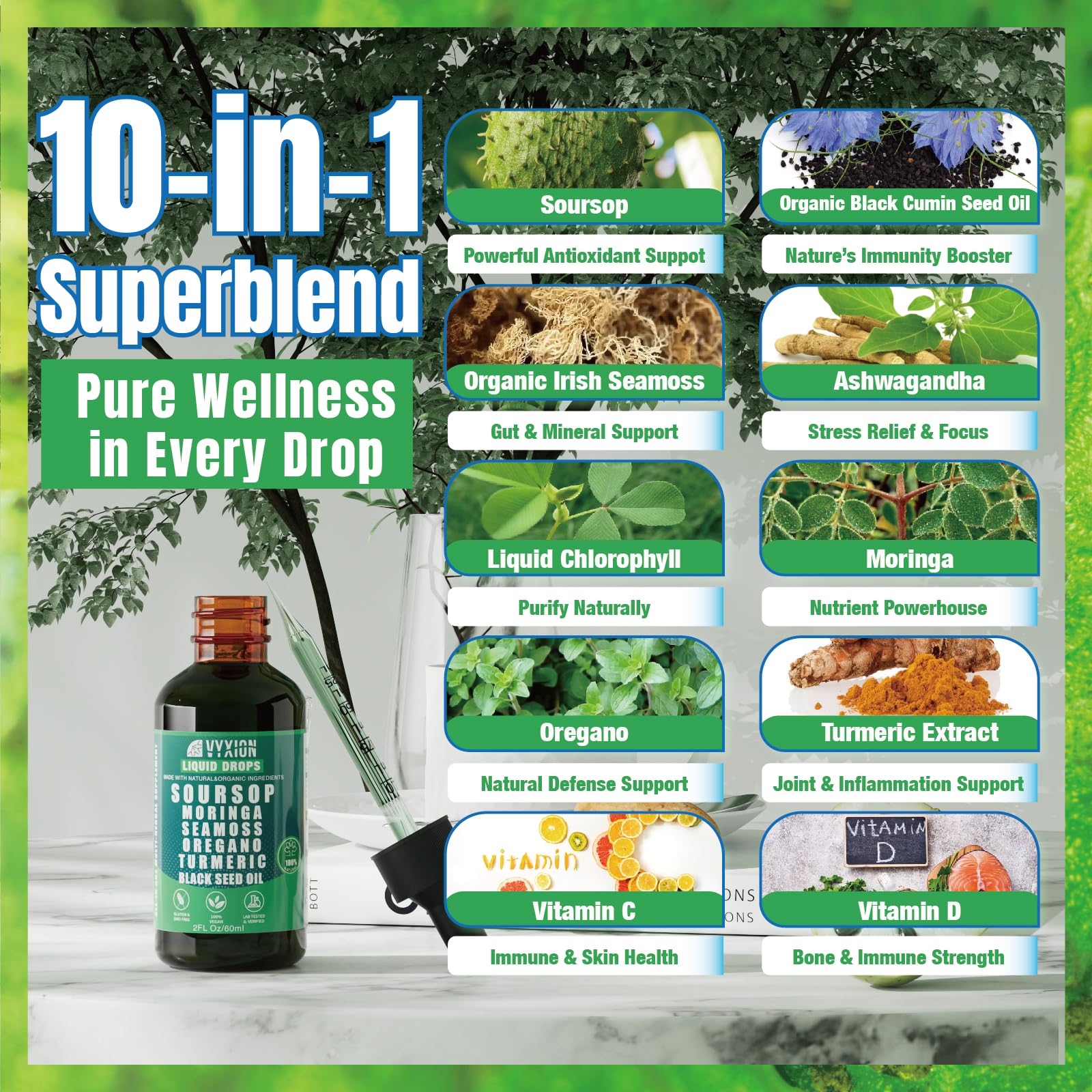 Soursop Bitters Liquid Drops 10 in 1 with Sea Moss, Moringa, Turmeric, Black Seed Oil, Oregano, Ashwagandha | Herbal Extracts for Overall Health-Enhancing | Vegan, Non-GMO | 2 Fl Oz