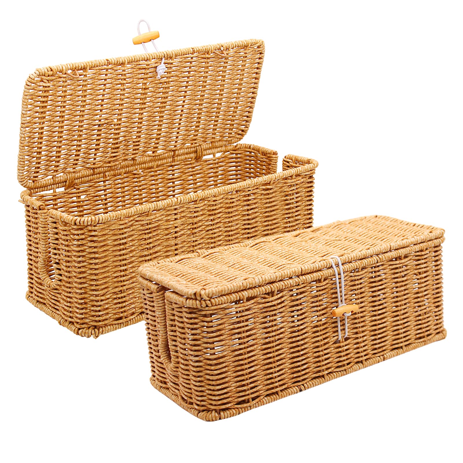 Photo 1 of 2PCS Cable Management Box, Handmade Rattan Cable Organizer, Open Slots Cords Hider Box Cord Basket Under Desk Cord Organizer for Computer Router USB Hub & Power Strip