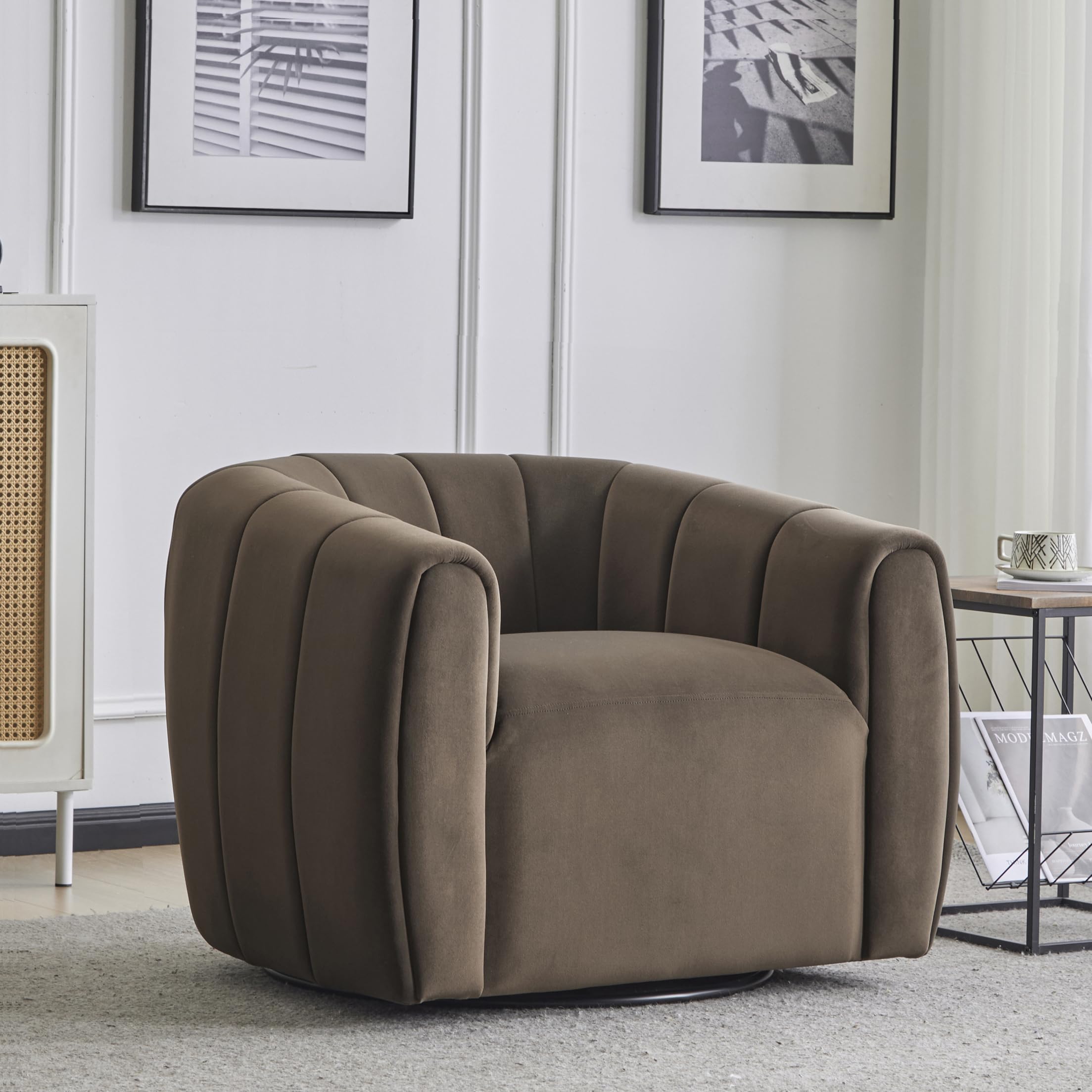 Photo 1 of **VERY MINIMAL DOG HAIR AS SEEN IN PHOTO**Christopher Knight Home Monroe Velvet Swivel Club Chair, Armchair with 360-Degree Rotation, Upholstered Barrel Swivel Sofa Chair for Living Room, Tufted Back, Thick Cushion, Iron Base, Dark Brown