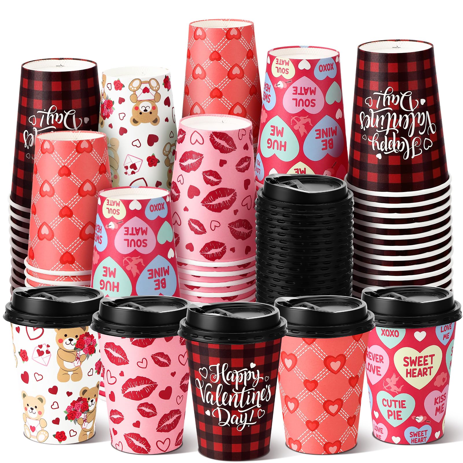 Photo 1 of 100 Pcs 12 oz Valentine's Day Disposable Cups with Lids Disposable Paper Coffee Cups Bulk Valentine's Day Theme Beverage Cups Hot Chocolate Cocoa Cups for Valentine Party, Shops, Cafes,Bar,Concession