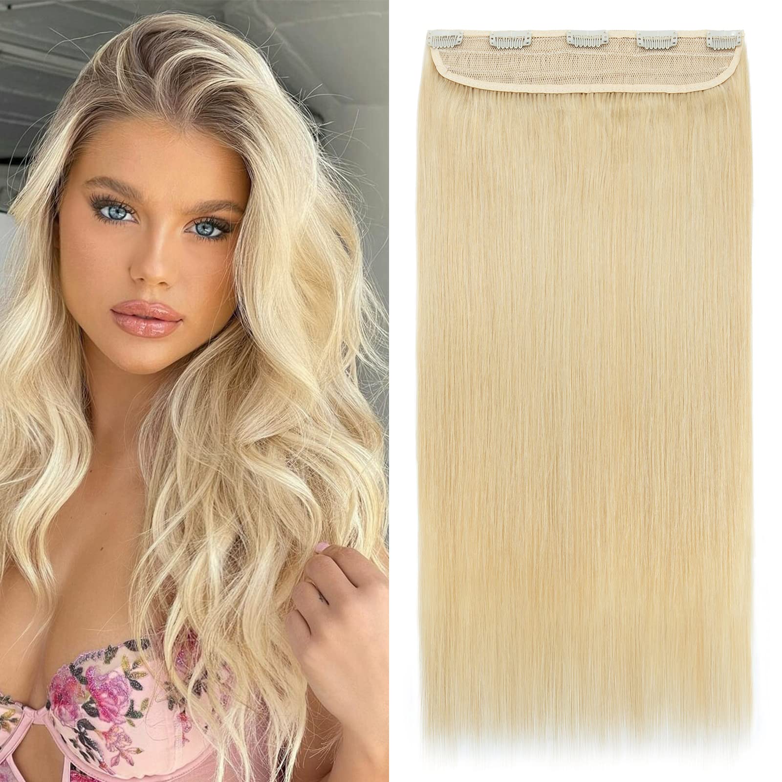 Silk-co Remy Clip in Human Hair Extensions (#613 Bleach Blonde, 22"-100g) One Piece Real Hair Extension Thick 3/4 Full Head — image 1