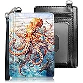 Qindaiwen Slim RFID Blocking Card Holder Wallet with Wrist Strap - Minimalist Front Pocket Wallet, Octopus 02 Design, PU Leathe, for Men & Women, Ideal for Travel & Gifts