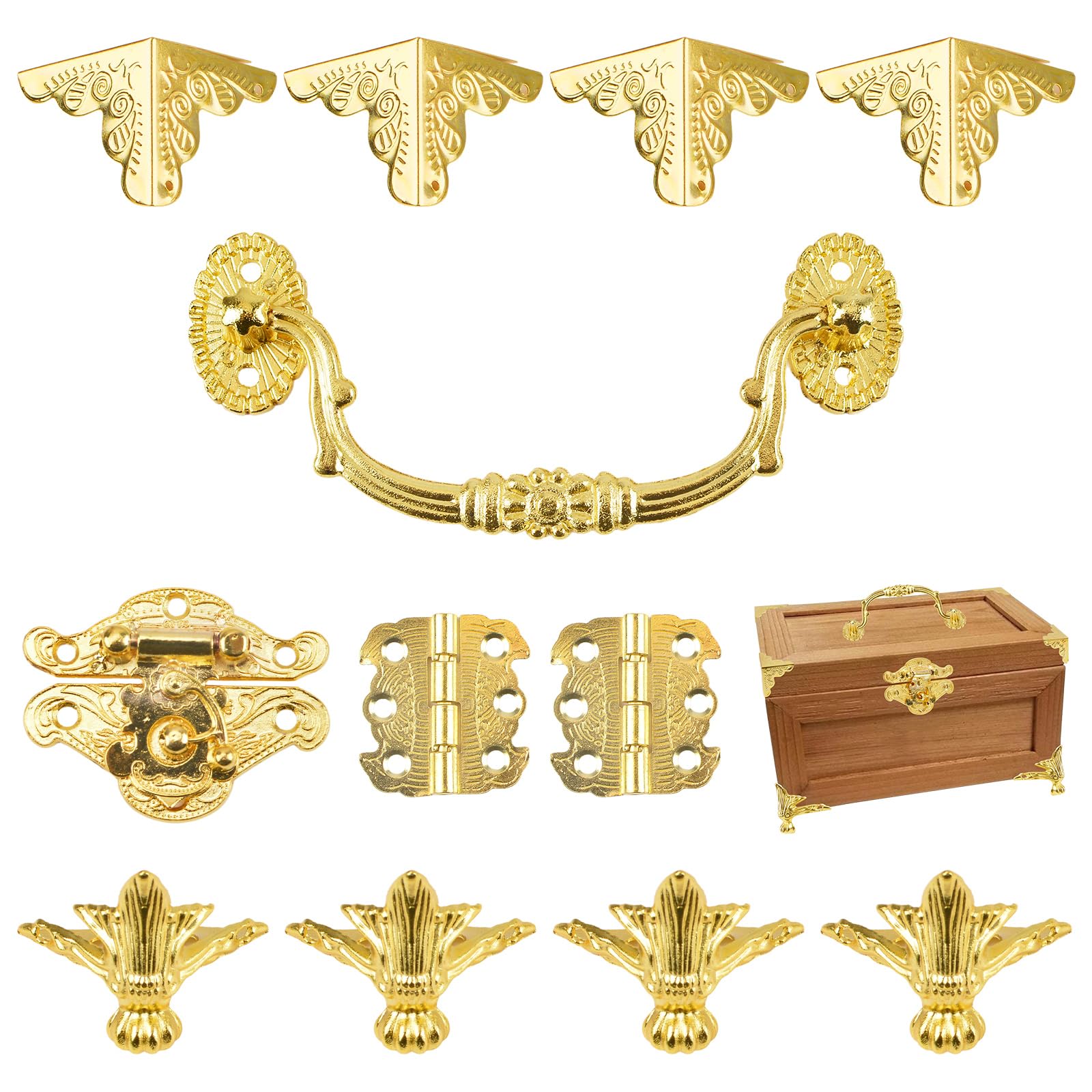 MOROBOR Gold Jewelry Box with Antique Lock, Latch, Hasp, Hinges, Handle - DIY Jewelry Chest Storage Box Kit with Corner Protectors and Feet Legs