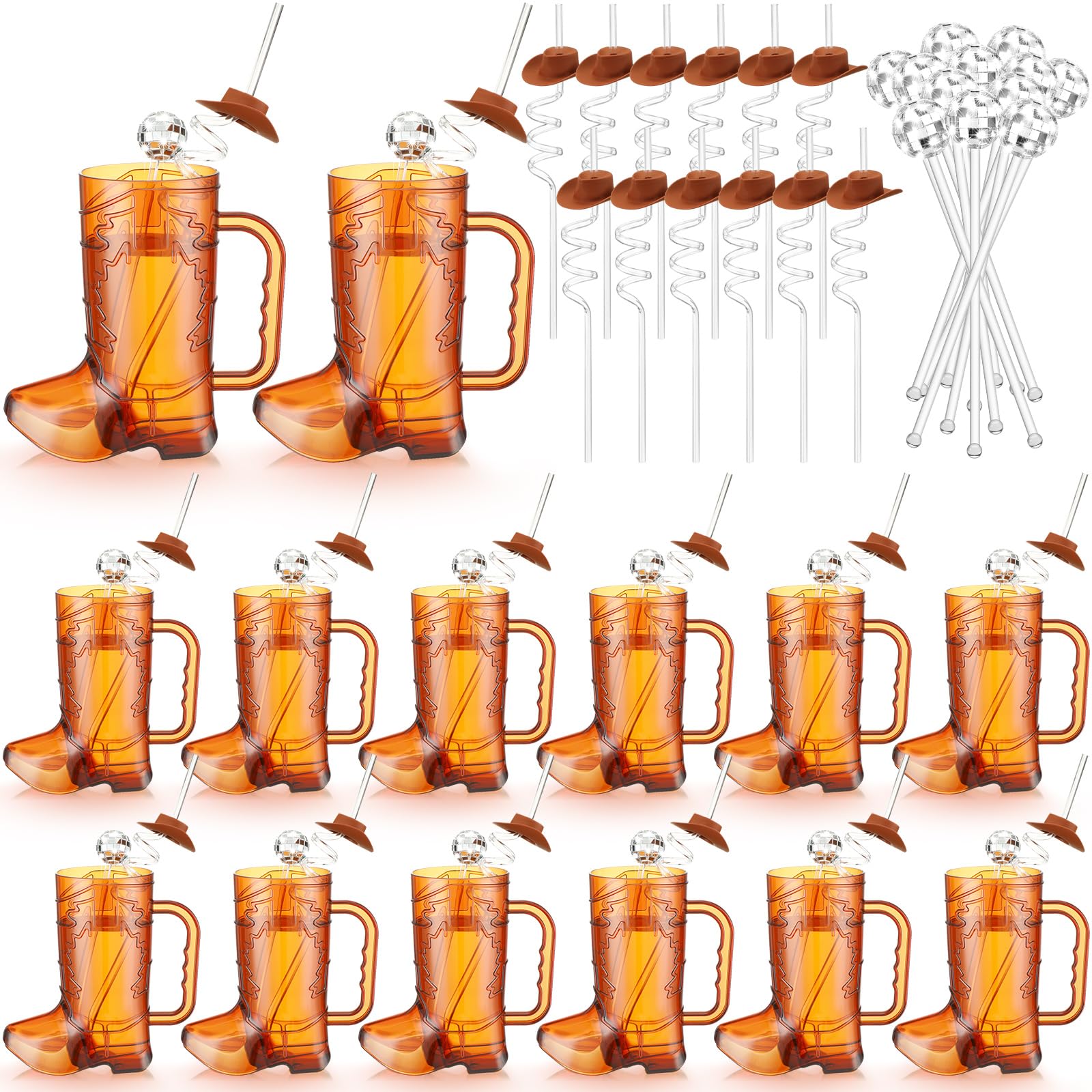 Photo 1 of Ziliny 36 Pcs Cowboy Party Supplies, 12 Brown Cowboy Drink Mugs 12 Cowgirl Hat Straws 12 Mirror Disco Ball Stirrers for Western Theme Birthday Party Favors Decoration
